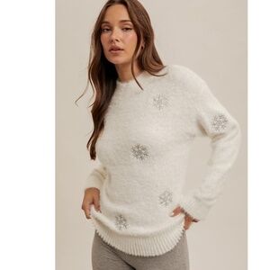 Hem & Thread White Fuzzy Snowflake Crewneck Sweater